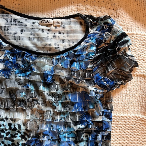 Y2K Cato Blue Black Tiered Maximalist Floral Animal Print Blouse - Picture 3 of 5